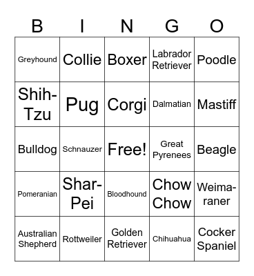 Dog Breed Bingo Card