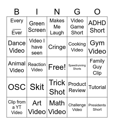 YT Shorts Bingo Card