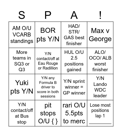 Spa 2025 Bingo Card