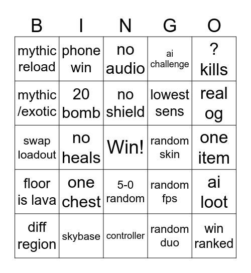 fortnite bingo Card