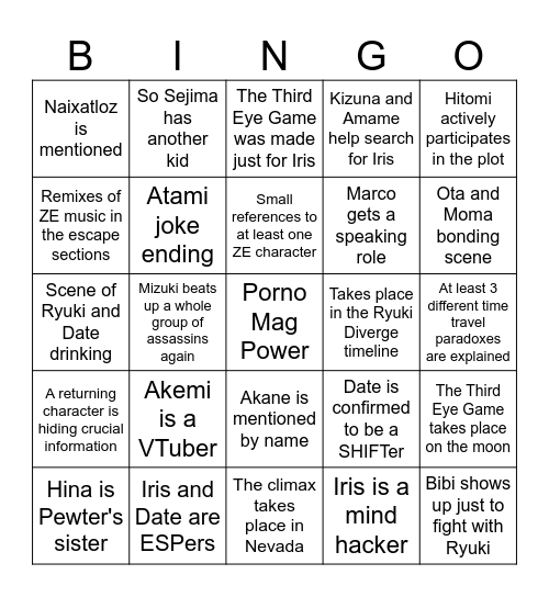 AINS Prediction Bingo Card
