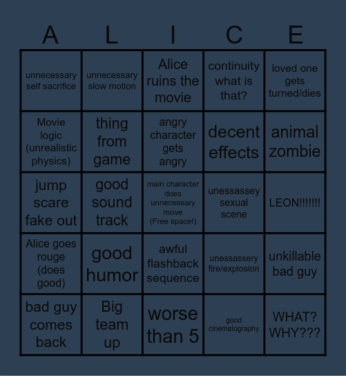 Resident Evil Movies Bingo Card