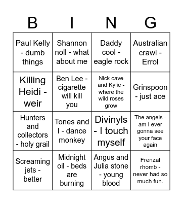 Hottest 100 Australian Songs Bingo Card