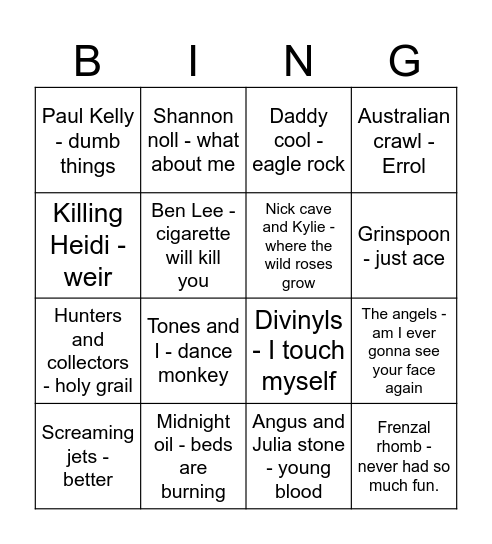 Hottest 100 Australian Songs Bingo Card