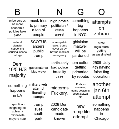 Trump 1st term, 2nd half Bingo Card