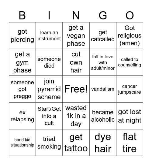 College Bingo Card