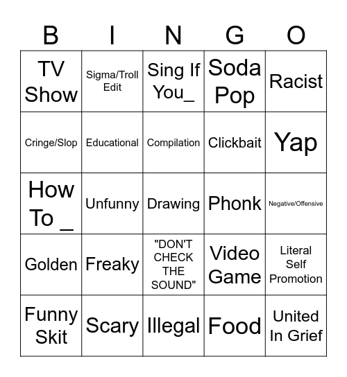 Youtube Shorts Bingo Card