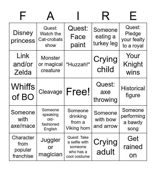 Renaissance Faire? That's a Bingo! Bingo Card