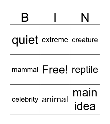 Extreme Animals Bingo Card