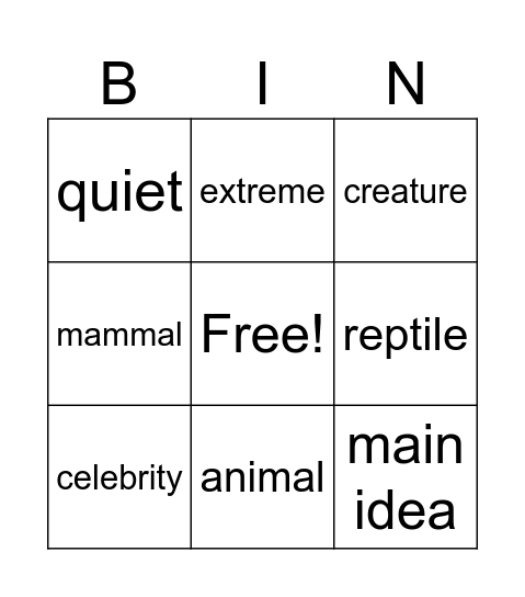 Extreme Animals Bingo Card