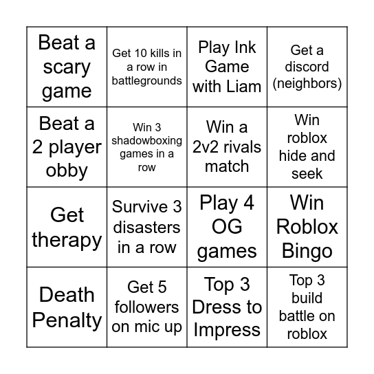 Roblox Bingo Card