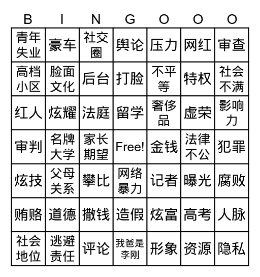 富二代 Bingo Card
