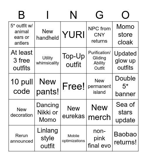 1.8 Nikki Livestream Bingo! Bingo Card