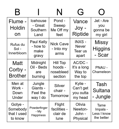 Aus Hottest 100 - Emma & Steve Bingo Card