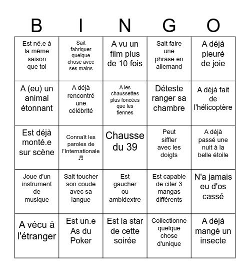 Trouve quelqu'un.e qui... Bingo Card