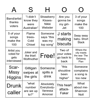 Hottest 100 BINGOOO Bingo Card