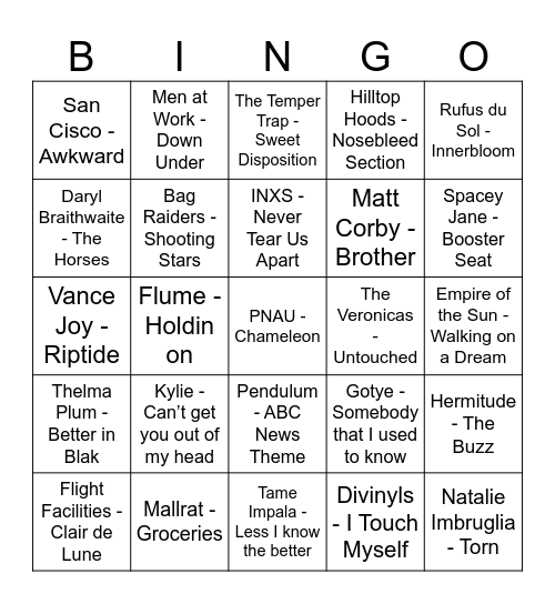 Aus Hottest 100 - Paula Bingo Card