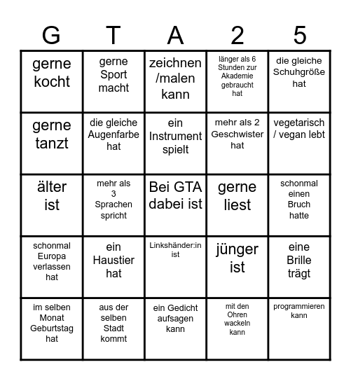 Finde jemanden der / die: Bingo Card