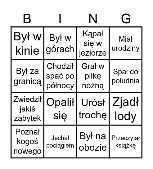 Znajdź kogoś kto w wakacje... Bingo Card