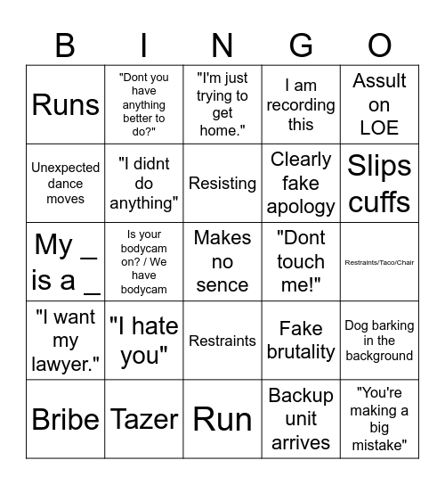 Police Bodycam Bingo Card