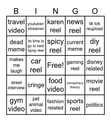 Instagram reel bingo Card