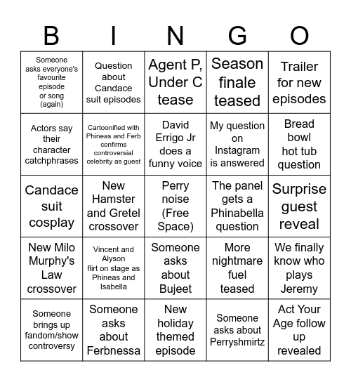 Phineas and Ferb SDCC events Bingo Card