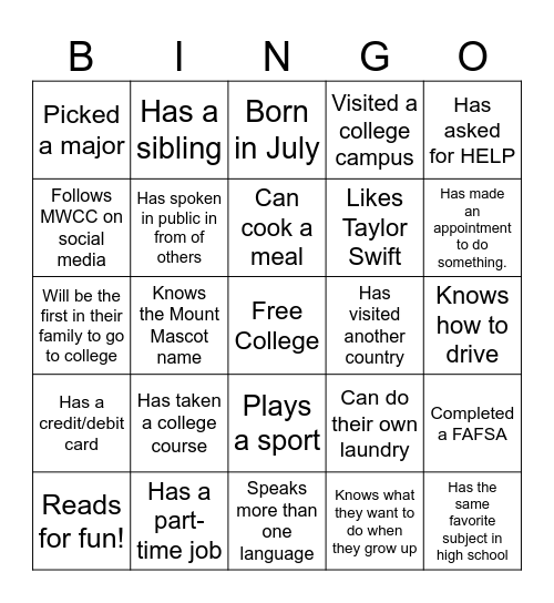 COLLEGE BINGO Card
