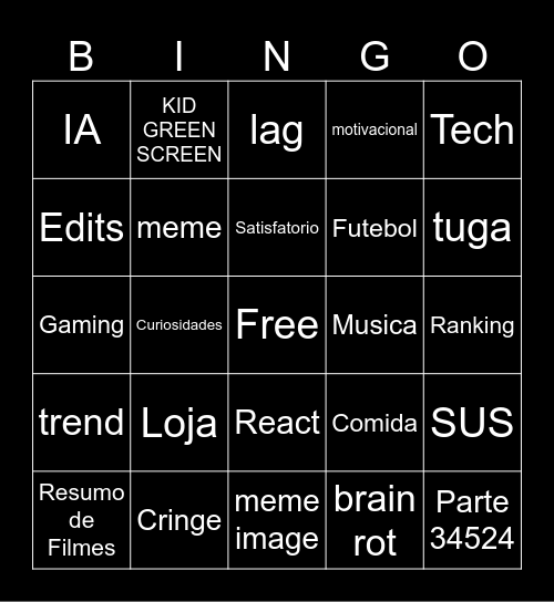 Shorts Bingo Card