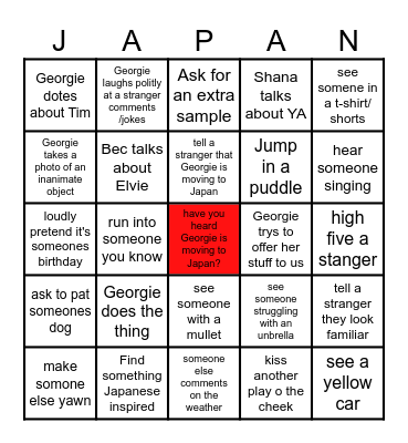 Georgie's bingo Dares Bingo Card