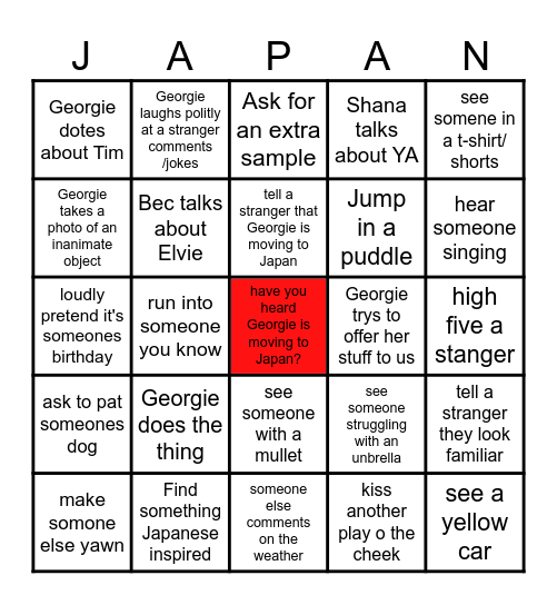 Georgie's bingo Dares Bingo Card