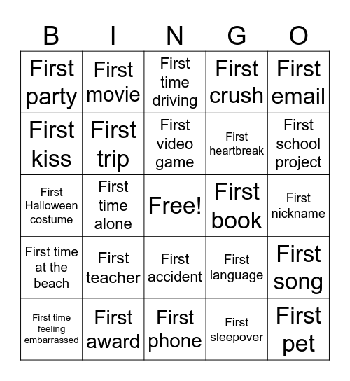 First Time Bingo Card