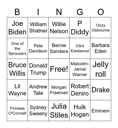 Celebrity Death Bingo 2025 Bingo Card