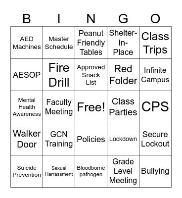 Back To School BINGO Card