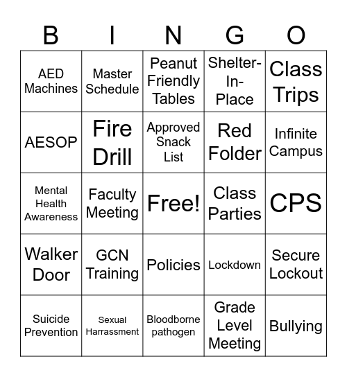 Back To School BINGO Card