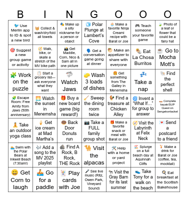 Martha's Vineyard Vacation 2025 Bingo Card