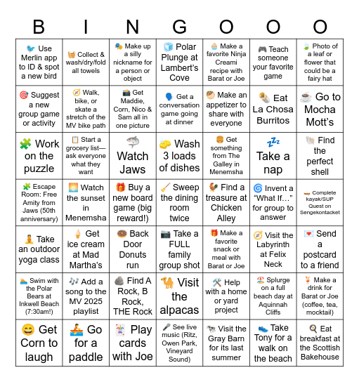 Martha's Vineyard Vacation 2025 Bingo Card