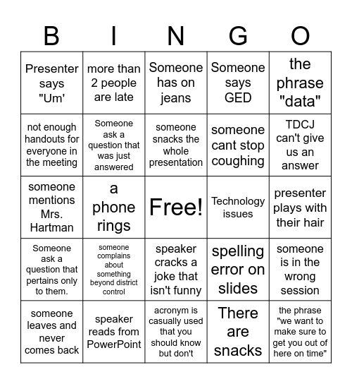 State Wide Professional Developement Bingo Card