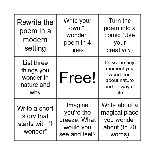 WONDER BINGO! Bingo Card