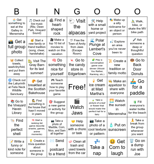 Martha's Vineyard Vacation 2025 Bingo Card