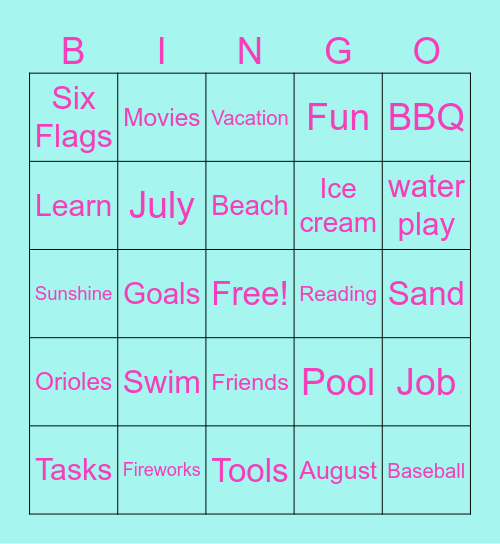 Job Readiness/Summer Bingo Card