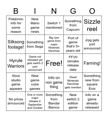 Nintendo Direct July 2025 Bingo Card