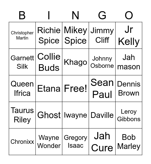 Reggae Bingo Card