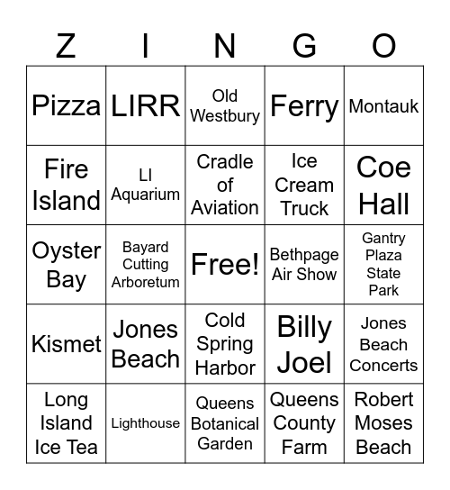 Zingo Bingo Card