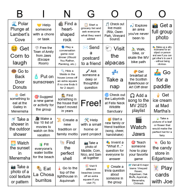 Martha's Vineyard Vacation 2025 Bingo Card