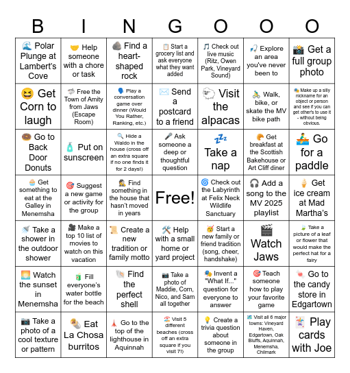 Martha's Vineyard Vacation 2025 Bingo Card