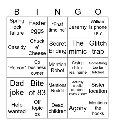 MatPat FNAF bingo Card
