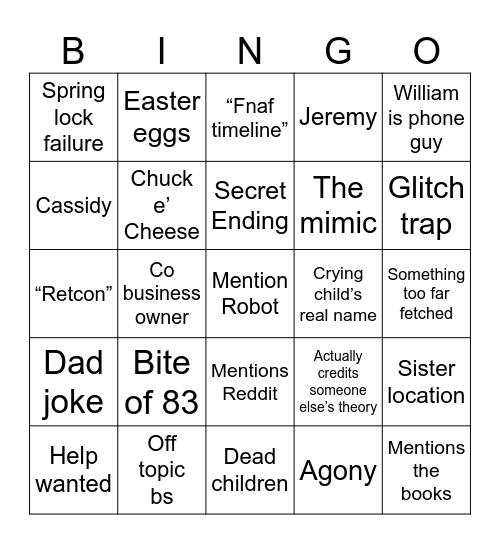MatPat FNAF bingo Card