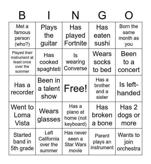 Cadet Band Bingo Card