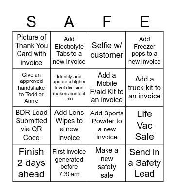 Route Sales Bingo Card