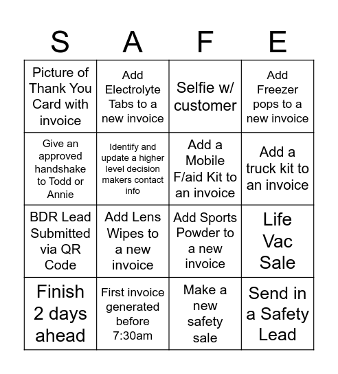 Route Sales Bingo Card